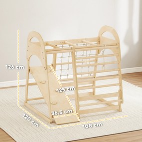 AIYAPLAY Stelaż do wspinaczki do wnętrz, konstrukcja 6-w-1, zjeżdżalnia, drążki do wspinania, ścianka wspinaczkowa, drabina, siatka do wspinaczki, 3-6 lat, drewno