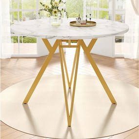 Stół jadalny 4-osobowy - 100 x 100 x 76 cm - okrągły stół z metalowymi nogami - blat marmurkowy MDF - MDF + Metal - biały