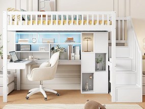 Łóżko piętrowe drewniane 90x200 cm - biurko z LED i schowkiem i drabinką - białe