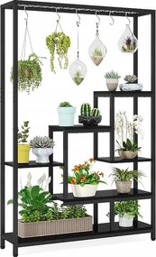 5-poziomowy stojak na rośliny doniczkowe – duża metalowa półka na rośliny o długości 180 cm z 10 haczykami w kształcie litery S – czarny