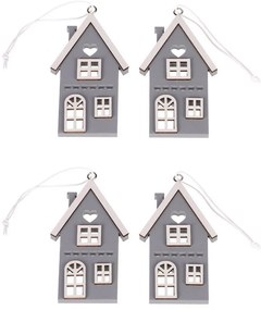 Domek drewniany wiszący, szary, wys. 9 cm, 4 szt.