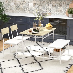 HOMCOM 4-częściowy zestaw stołowy z krzesłami i ławką na 4 osoby, siedzenia tapicerowane, stalowy stelaż, drewno, Biały