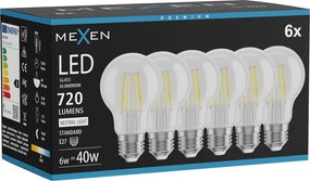 Mexen Vintis 6x żarówka filament LED E27, A60, 6W, Neutralna - 4000K, 720 lm, clear - L150-E27-0640-00x06
