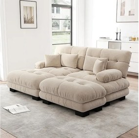 Sofa narożna 2-osobowa + 2 pufy - z 4 poduszkami - tkanina plusz beżowa - 220x145x81cm