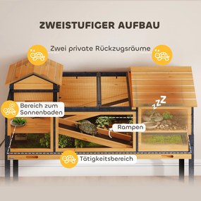 PawHut Domek dla żółwia, wybieg dla małych zwierząt, 2 pomieszczenia, 2 piętra, okna, rampy, akcesoria, drewno, stal, Żółty