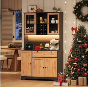 Wysoka komoda kuchenna - 105 x 40 x 180 cm - z szufladą + 5 drzwi + półki + diody LED + gniazdka - MDF - naturalny