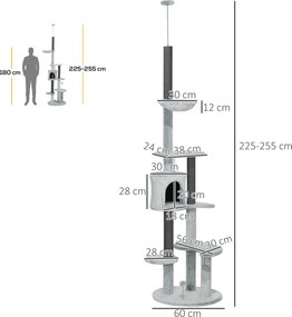 PawHut Drapak dla Kotów z Napinaczem Sufitowym, Hamakiem, Domkiem, Platformami, Piłką, 225-255cm, Szary