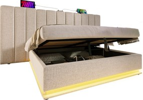 Łóżko tapicerowane z lnu 180×200cm - z LED i ładowaniem - z stelażem na listwach - Beżowe