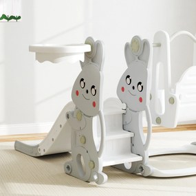 AIYAPLAY 4-w-1 Zestaw do zabawy dla małych dzieci: Zjeżdżalnia, Huśtawka, Zestaw do wspinaczki, Kosz do koszykówki, Plastik, Design z Królikiem, Szary