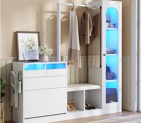 Zestaw przedpokojowy 163×35×161 cm - z wieszakiem i lustrem - ławka i szafka na buty - z oświetleniem LED - Biały