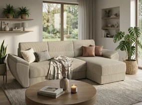 Rozkładana narożna sofa TAVERO 251x140 cm, jasnobeżowa, uniwersalna