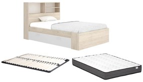 Łóżko 120 x 190 cm  ze skrzynią i - Naturalny i biały + Stelaż + Materac - VARDIEL