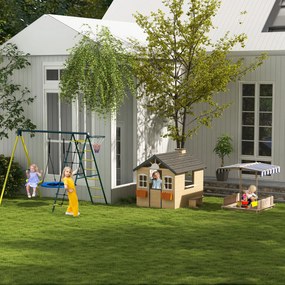 Outsunny Konstrukcja Huśtawki dla Dzieci z 2 Huśtawkami, Koszykiem do Koszykówki, Drabinką do Wspinaczki, 267x180x202 cm, Żółty