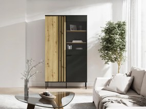 Witryna 2-drzwiowa z 3 wnękami i oświetleniem LED - Czarny i naturalny - TUNALO