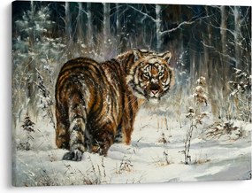 Obraz - Tygrys w zaśnieżonym lesie, obraz olejny (70x50 cm)