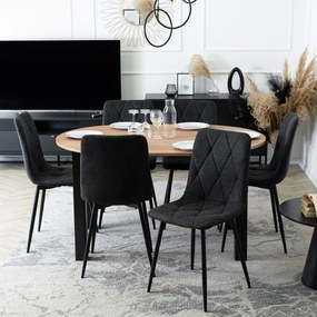 Zestaw Stół Okrągły Rozkładany HARRY 102-142 cm Dąb Craft/Czarny i 6 Krzeseł Tapicerowanych ROBIN 2 Czarnych Nowoczesnych