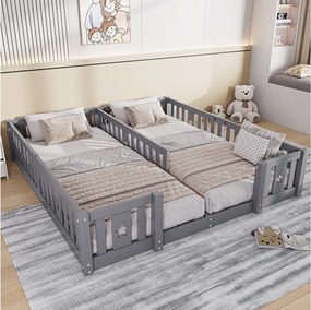 Łóżko podwójne dla dzieci 180x200 cm, lite drewno sosnowe, łóżeczko w kształcie gwiazdy z szczebelkami, łóżko kabinowe, zabezpieczenie przed upadkiem- szare