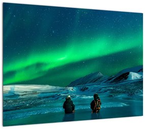 Obraz na szkle ludzi w pobliżu zorzy polarnej (70x50 cm)