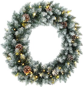 HOMCOM Wieniec świąteczny 60 cm oświetlony, wieniec drzwiowy z 50 LED, szyszki, sztuczny śnieg na Boże Narodzenie i adwent, drzwi wejściowe | Aosom PL