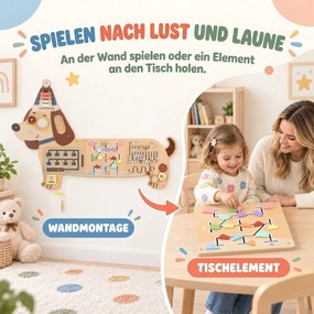 AIYAPLAY Montessori panel motoryczny drewniany Busy Board w kształcie jamnika montowany na ścianie z ksylofonem, zębatkami i bębenkiem | Aosom PL