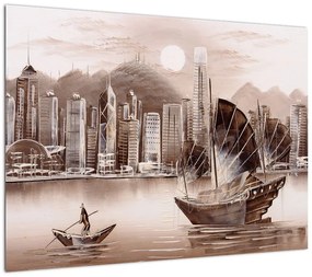 Obraz - Victoria Harbor, Hongkong, efekt sepii (70x50 cm)