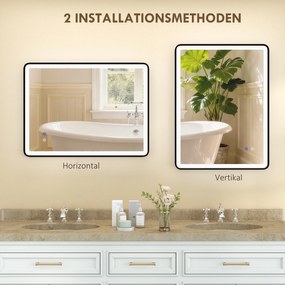 HOMCOM LED Lustro łazienkowe z funkcją przeciwmgielną, lustro do makijażu z oświetleniem, 80 x 60 cm, czarna rama | Aosom PL