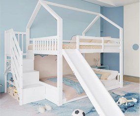 Łóżko piętrowe 140x200cm z drewna - z barierkami + schodami do przechowywania + zjeżdżalnią - Białe