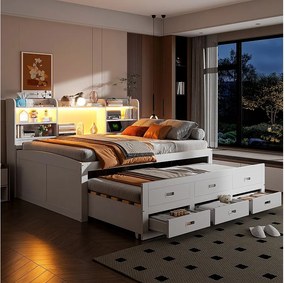 Rozkładana sofa - 140 x 200 cm + 90 x 190 cm - z diodami LED + 3 szuflady + stolik nocny + USB + Typ C - płyta wiórowa + MDF - biała