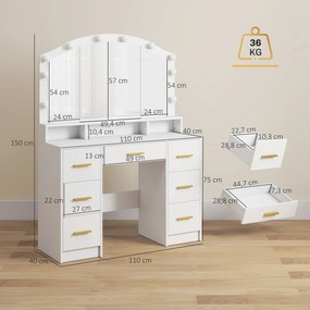 HOMCOM Toaletka z 10 lampami LED w stylu Hollywood, lustro, 7 szuflad, 3 przegrody, MDF, biała