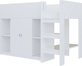 Łóżko piętrowe dla dzieci - 90 x 200 - z schowkiem i 2 drzwiami - z szafą + półki - drewno + MDF - białe