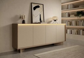 Komoda Parsja 4D 200 cm LED – duża komoda do salonu, ryflowane fronty, bolivar naturalny / cappuccino, push-to-open