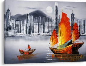 Obraz - Victoria Harbor, Hongkong, czarno-biały obraz olejny (70x50 cm)