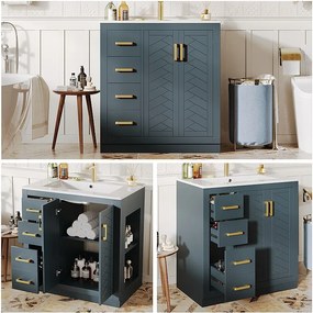 Szafka łazienkowa ceramiczna pod umywalkę - 76,5 x 46,5 x 84,5 cm - z 3 szufladami + półką boczną + 2 drzwiami - MDF - niebieska