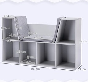 HOMCOM Regał dla dzieci 2-w-1 + Ławka z poduszkami, Szary, 103 cm x 30 cm x 62 cm