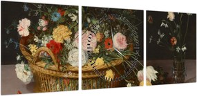 Obraz - Jan Brueghel the Elder, Flowers in a Basket and a Vase, reprodukcje (z zegarem) (90x30 cm)