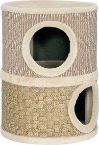 PawHut Beczka do drapania, wysokość 49 cm, Ø35,5 cm dwupoziomowa beczka z obszyciem z pluszu mata do drapania, 2 kryjówki Khaki+Kawowy