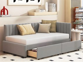 Łóżko tapicerowane welurowe 90x200cm - z 2 dużymi szufladami i stelażem na listwy - Szare
