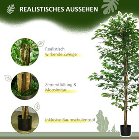 HOMCOM Sztuczny Ficus, realistyczny, łatwy w pielęgnacji, w komplecie z doniczką, wysokość 180 cm, Zielony