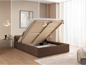 Brązowe tapicerowane łóżko dwuosobowe ze schowkiem i stelażem 180x200 cm Cille – Ropez