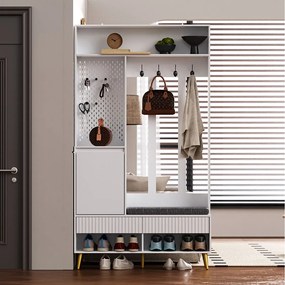 Nowoczesna szatnia wejściowa - z 4 wieszakami, 1 drzwiami i 2 szufladami - z ławką i otwartymi półkami - Biały