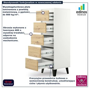 Wąska komoda z 5 szufladami biały + dąb artisan E2-S22