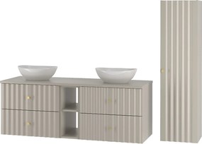 Kaszmirowy Zestaw Łazienkowy 140cm Szafka z Blatem Umywalka Regał Słupek Ryflowane Fronty Aqua