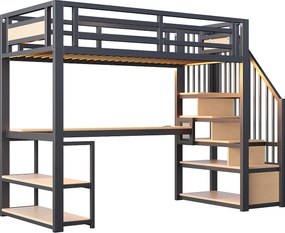 Łóżko piętrowe metalowe dla dzieci - 90 x 200 cm - z diodami LED + gniazdko elektryczne + drabinka + półki + stolik - czarne