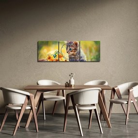 Obraz kotka patrzącego na kwiat (z zegarem) (90x30 cm)