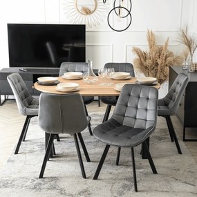 Zestaw Stół Okrągły Rozkładany HARRY 102-142 cm Dąb Craft/Czarny i 6 Krzeseł Tapicerowanych RICK Szarych Nowoczesnych