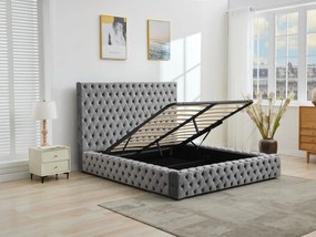 Łóżko ze skrzynią chesterfield 180 x 200 cm – Welur – Szare + Materac – DULENI