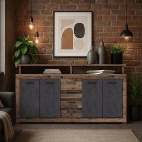 Komoda Czterodrzwiowa BLAGO 190 cm Ciemny Dąb/Czarny Loft