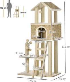 PawHut Drapak z jaskinią dla kota z zabawką, sizal, plusz, chaki + beż + kawa