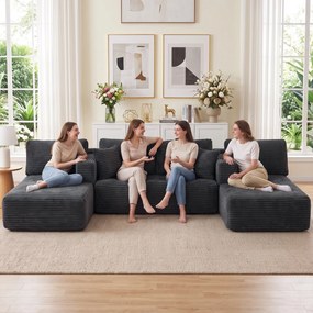 HOMCOM Modułowa sofa w kształcie U z 2 szezlongami, sztruksowa sofa rozkładana z pianką o wysokiej gęstości i sprężynowym wypełnieniem, Ciemnoszara | Aosom PL