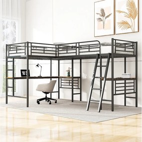 Łóżko antresola dwuosobowe - 2 x 90 x 200 cm - z biurkiem narożnym i drabinkami - metalowe - czarne